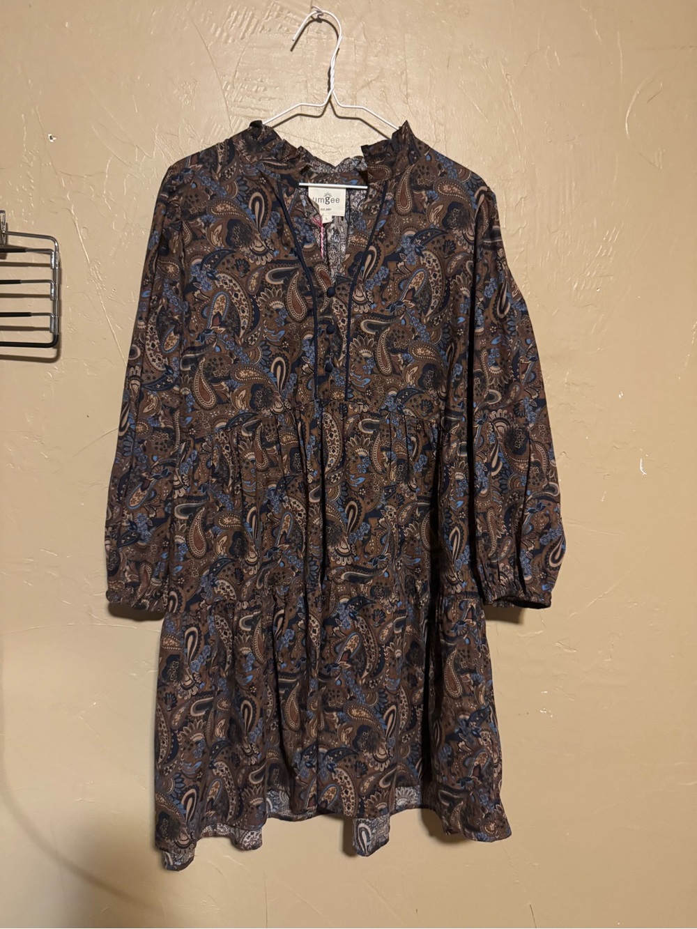 Umgee Brown Paisley Tiered Dress with Blue Details
